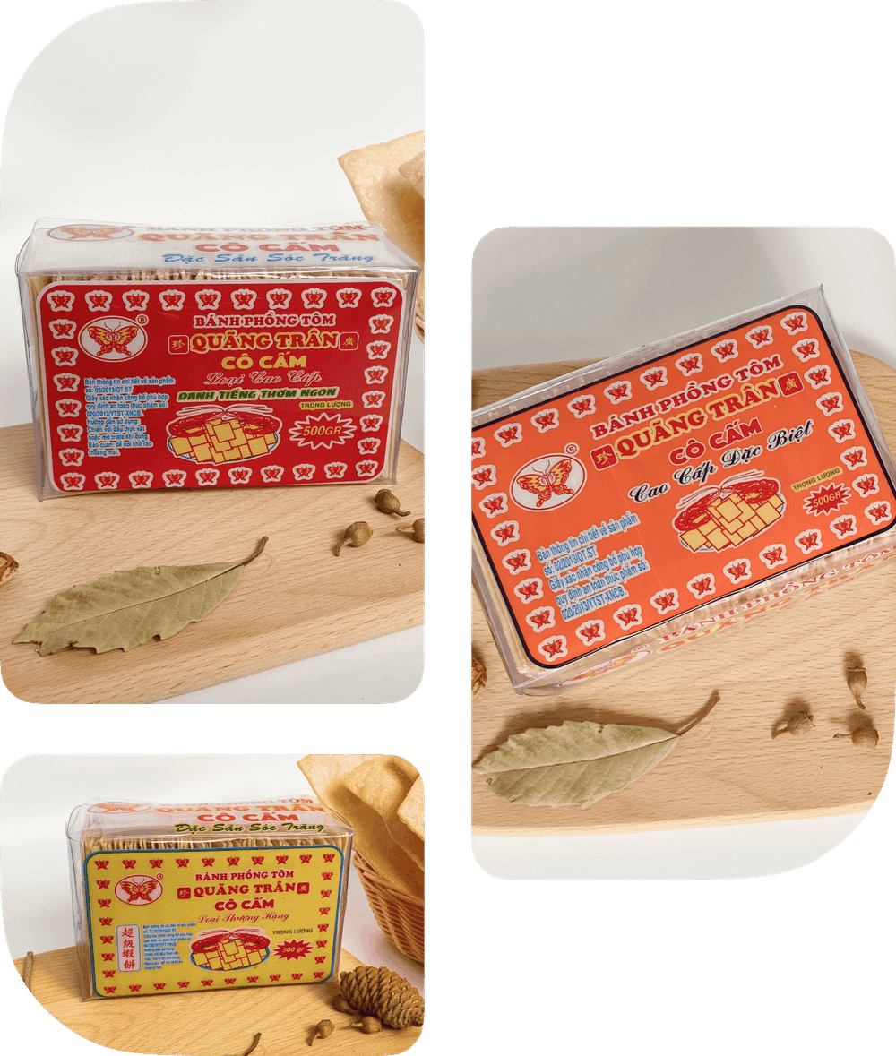 Ba loại bánh phồng tôm Quãng Trân Cô Cấm: hộp đỏ cao cấp, hộp cam cao cấp đặc biệt và hộp vàng thượng hạng