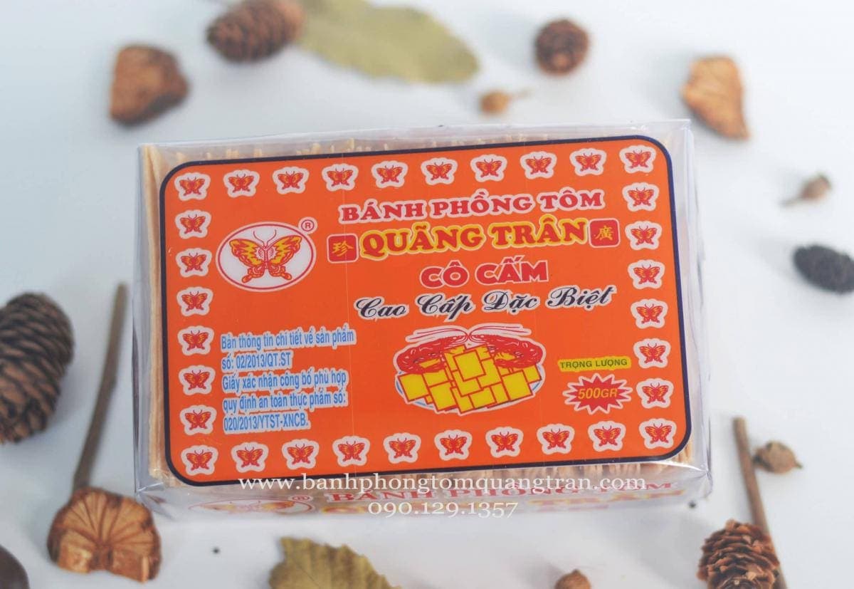 Hộp bánh phồng tôm Quãng Trân Cô Cấm màu đỏ